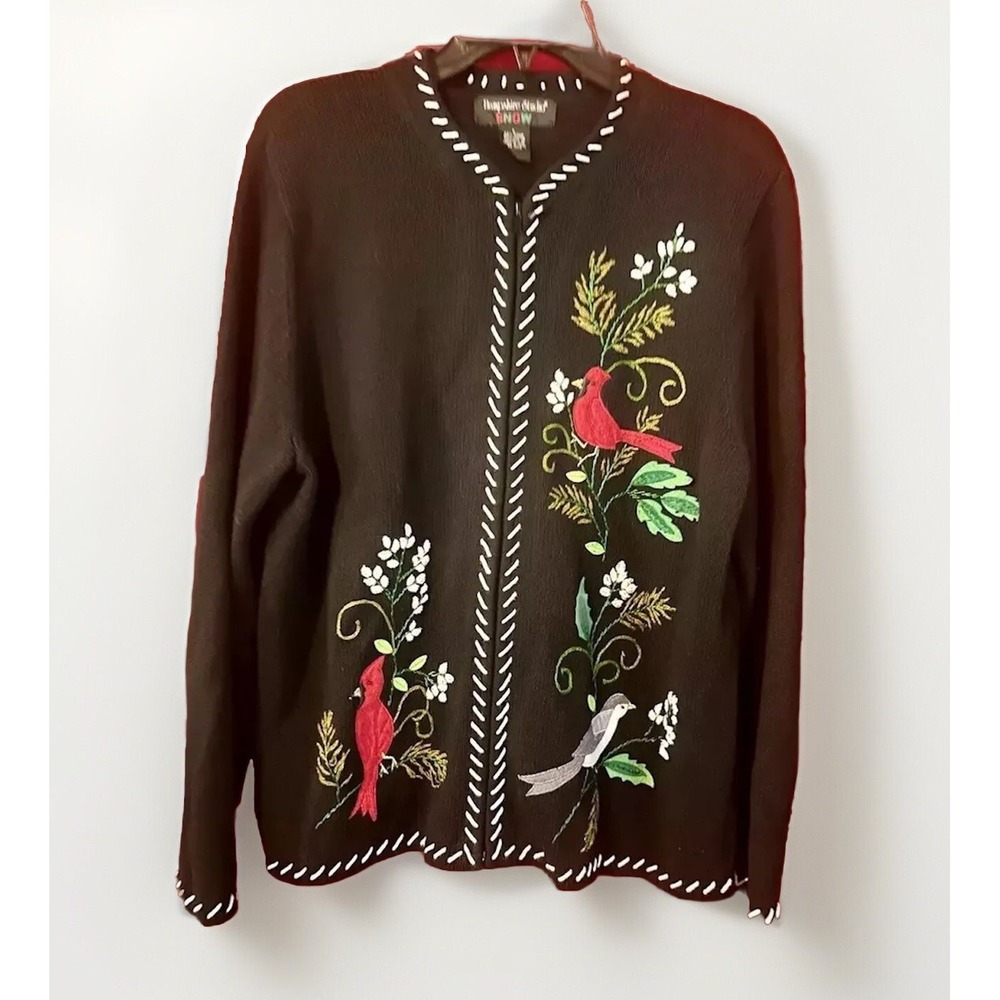 Hampshire Studios Snow Black Cardinal Birds Applique Embroidery Large Zip front